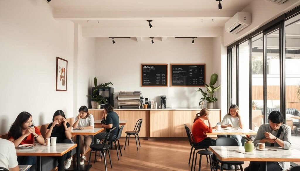 A cozy, modern coffee shop nestled in the heart of Pejaten, Arkanine Coffee & Meals exudes a warm, inviting atmosphere. The minimalist interior features clean lines, natural wood accents, and large windows that flood the space with soft, natural light. Customers gather around small, marble-topped tables, sipping on expertly crafted espresso drinks and savoring delectable pastries. In the background, a sleek, minimalist bar showcases the barista's skills, while a wall-mounted chalkboard menu displays the shop's offerings. Potted plants and subtle artwork add pops of greenery and color, creating a harmonious, sophisticated ambiance perfect for a relaxed coffee break or casual meetup.