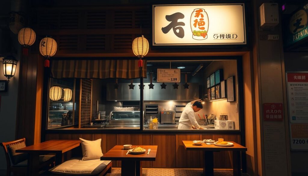 A cozy, well-lit Japanese restaurant nestled near a bustling MRT station. The façade is adorned with traditional lanterns and noren curtains, hinting at the authentic culinary experience within. Through the large windows, glimpse the warm, minimalist interior featuring wooden accents, low tables, and cushioned seating. The kitchen can be seen in the background, where skilled chefs expertly prepare an array of sizzling yakisoba, delicate sushi, and steaming ramen bowls. The scene exudes a tranquil, izakaya-inspired atmosphere, inviting patrons to savor the flavors of Japan in a convenient, budget-friendly setting.