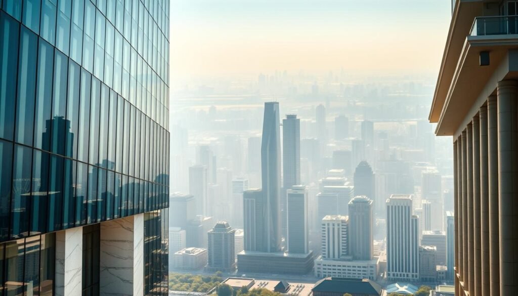 A grand, modern banking complex set against a backdrop of a bustling metropolis. The foreground showcases the sleek, glass facade of a prominent national bank, its angular design conveying a sense of stability and innovation. Sunlight streams through the windows, casting a warm glow on the polished marble interior. In the middle ground, a network of skyscrapers and office towers rise, symbolizing the thriving financial sector. The background is hazy with the distant skyline, suggesting the scale and interconnectedness of the national banking system. The scene conveys a mood of confidence, progress, and the pivotal role of the banking industry in driving the country's economic growth.