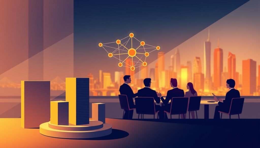 A sleek, modern illustration depicting the intricacies of monetary policy coordination. In the foreground, a stylized representation of monetary policy instruments, such as interest rates and reserve requirements, interacting harmoniously. The middle ground showcases a network of interconnected decision-makers, represented by abstract geometric shapes, engaged in a collaborative, data-driven discussion. In the background, a vibrant, abstract cityscape symbolizes the broader economic landscape affected by these policies. The scene is illuminated by a warm, focused lighting, creating a sense of dynamism and professionalism. The overall composition conveys the idea of a well-coordinated, data-driven, and collaborative approach to monetary policy, supporting the central bank's efforts to strengthen the economy.