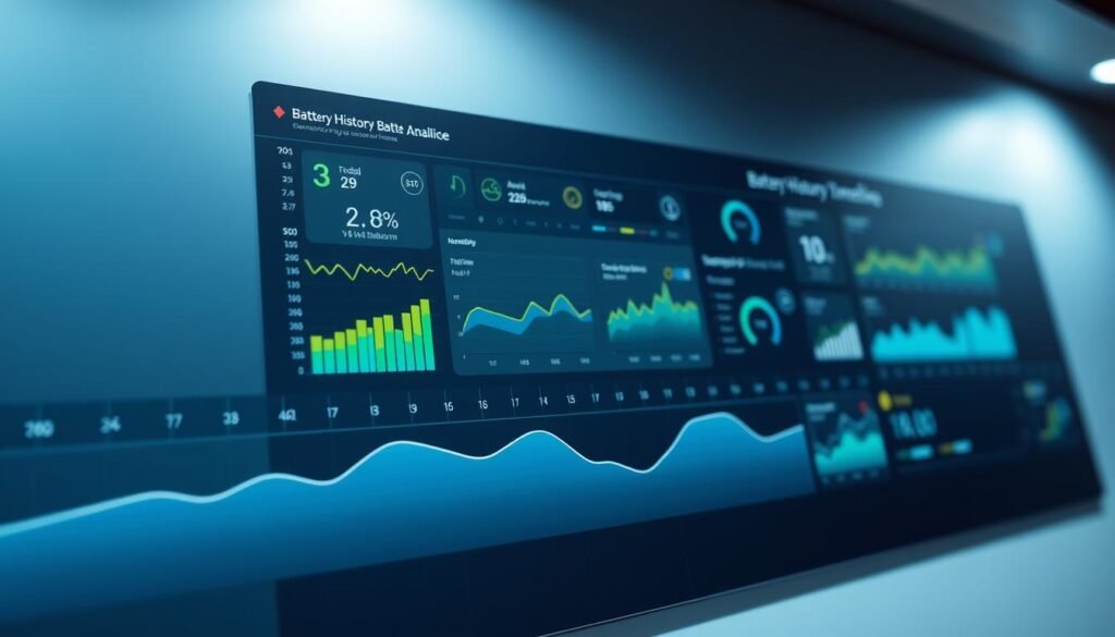 A detailed timeline visualized on a sleek, modern dashboard. The foreground features a clean, linear timeline graph with distinct time segments and data markers. The middle ground showcases various battery analytics charts, graphs, and metrics arranged in a well-organized, easy-to-read layout. The background has a subtle gradient effect, conveying a sense of depth and sophistication. The lighting is soft and even, creating a professional, data-driven atmosphere. The camera angle is slightly elevated, giving an overview of the comprehensive battery history interface. The color palette is muted yet vibrant, with shades of blue, gray, and green predominating to reflect the technical nature of the subject matter. A detailed timeline visualized on a sleek, modern dashboard. The foreground features a clean, linear timeline graph with distinct time segments and data markers. The middle ground showcases various battery analytics charts, graphs, and metrics arranged in a well-organized, easy-to-read layout. The background has a subtle gradient effect, conveying a sense of depth and sophistication. The lighting is soft and even, creating a professional, data-driven atmosphere. The camera angle is slightly elevated, giving an overview of the comprehensive battery history interface. The color palette is muted yet vibrant, with shades of blue, gray, and green predominating to reflect the technical nature of the subject matter.