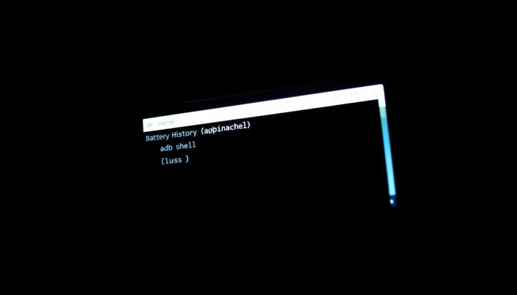 A dimly lit command prompt window displays the "adb shell" command, its cursor blinking expectantly. The screen is surrounded by a dark, textured background, conveying a sense of focus and technical depth. The lighting is dramatic, casting shadows that add depth and visual interest. The angle is slightly tilted, creating a sense of perspective and drawing the viewer's eye towards the central command prompt. The overall mood is one of technical precision and exploration, hinting at the deeper insights that can be gleaned from the "Battery History" data within. A dimly lit command prompt window displays the "adb shell" command, its cursor blinking expectantly. The screen is surrounded by a dark, textured background, conveying a sense of focus and technical depth. The lighting is dramatic, casting shadows that add depth and visual interest. The angle is slightly tilted, creating a sense of perspective and drawing the viewer's eye towards the central command prompt. The overall mood is one of technical precision and exploration, hinting at the deeper insights that can be gleaned from the "Battery History" data within.