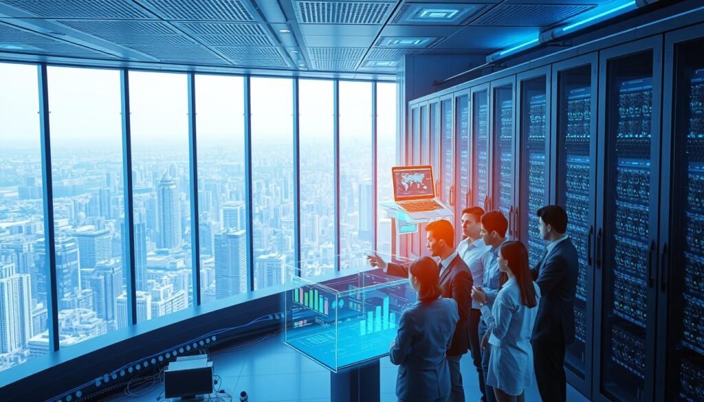 A futuristic data center environment showcasing the challenges of AI infrastructure. In the foreground, a diverse group of professionals in business attire collaborates around a high-tech holographic display, analyzing complex data charts and AI models. The middle layer features advanced server racks, glowing with blue and green lights, symbolizing robust AI computing power. In the background, large windows reveal a sprawling cityscape, illustrating the global scale of AI needs. Soft blue lighting enhances the modern atmosphere, creating a sense of urgency and innovation. The angle is a slightly elevated view, giving a comprehensive perspective of the high-tech workspace, emphasizing the dynamic interplay of technology and human expertise in overcoming infrastructure challenges.