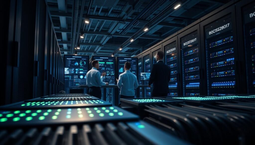 A modern data center environment showcasing the various types of AI infrastructure. In the foreground, rows of sleek, high-tech servers with illuminated panels, cables neatly organized. In the middle, engineers in professional business attire working collaboratively, analyzing data on multiple screens displaying complex algorithms and AI models. The background features a vast array of server racks, glowing softly with blue and green lights, and large digital displays showing AI performance metrics. Dim ambient lighting creates a focused atmosphere, with bright spotlights illuminating key areas. The overall mood is one of innovation and urgency, reflecting the increasing global demand for AI data centers. High-resolution, wide-angle perspective to capture the scale and sophistication of the facility.