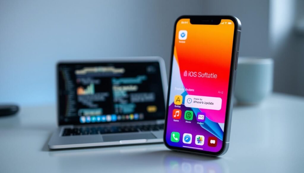 A sleek iPhone SE 2022 displayed prominently in the foreground, showcasing its vibrant screen filled with a visual representation of iOS software updates, like progress bars and app icons. The middle ground features a digital workspace setting, with a blurred-out laptop and tech accessories, creating a modern tech atmosphere. In the background, a subtle gradient of blue and gray hints at a digital world, symbolizing connectivity and software evolution. Soft, natural lighting enhances the scene, illuminating the phone's details while casting a gentle glow. The mood conveys innovation and reliability, inviting viewers to contemplate the significance of ongoing iOS software updates for the device's longevity.