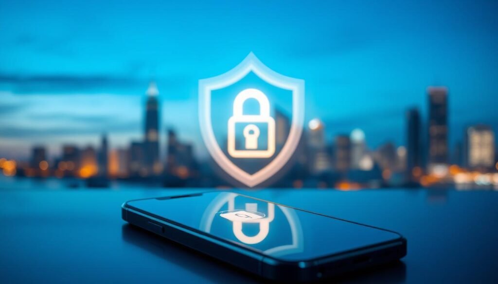 A visually engaging representation of "iOS Security and Privacy" featuring a serene scene with a sleek iPhone SE 2022 positioned prominently in the foreground. The phone's screen displays a glowing lock symbol, emphasizing security. In the middle ground, a stylized digital shield encircles the device, signifying data protection. The background showcases a blurred city skyline at dusk, with soft, warm lighting that suggests a safe, tech-savvy environment. Use a shallow depth of field to focus on the phone, with gentle reflections on its surface. The atmosphere is calm and reassuring, conveying trust and safety in the digital landscape. The lighting should be soft with a hint of blue tones, creating a modern, professional ambiance.