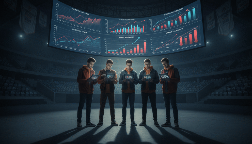 A dynamic esports scene highlighting external factors impacting an organization. In the foreground, a professional esports team, dressed in smart casual attire, express concern while analyzing performance stats on digital tablets. In the middle, a large screen displays pandemic-related graphs and fluctuating market statistics, symbolizing economic influences. The background features an empty esports arena, dimly lit and echoing a sense of isolation, with banners of past championships strung up, reflecting a once-thriving atmosphere. Soft, moody lighting casts long shadows, creating a contemplative atmosphere. Capture the scene at a slight upward angle to emphasize the team's focus and the overwhelming impact of external pressures, evoking feelings of uncertainty and resilience.