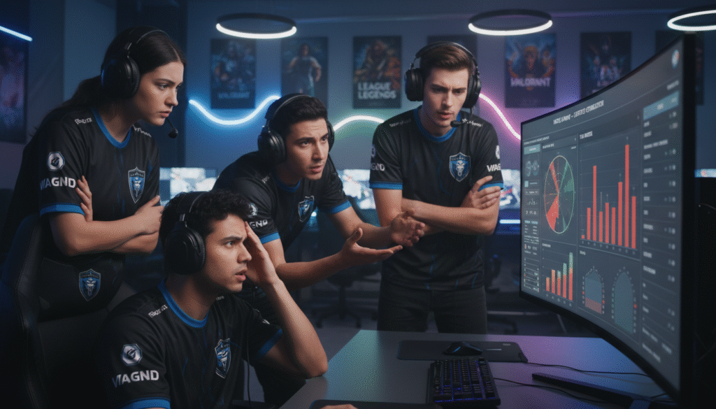 A dynamic esports team meeting in a well-lit, modern gaming den. In the foreground, a group of four diverse teammates engaged in a serious discussion, wearing professional gaming attire with headsets on. Their expressions convey tension and focus, illustrating a conflict resolution scenario. In the middle ground, a large screen displays game statistics and team performance metrics, highlighting the stakes of their conversation. The background features gaming setups with colorful LED lights and posters of popular esports titles, creating an energetic atmosphere. The lighting is bright but soft, with a slight glow emphasizing the tension and urgency in the scene. The overall mood is intense, reflecting the internal dynamics and challenges faced by the team.