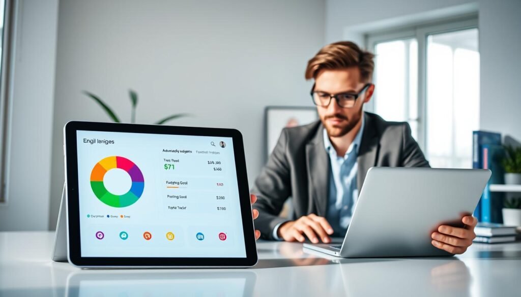 A modern budgeting application interface displayed on a sleek tablet, showcasing advanced features like a pie chart for expenses, a budgeting goal tracker, and real-time financial insights. The foreground features a stylishly dressed professional sitting at a clean desk with a laptop, attentively interacting with the app. In the middle, the tablet screen is vibrant and detailed, with interactive buttons and colorful graphs. The background includes a well-organized workspace with a potted plant and motivational financial books. Soft, natural lighting illuminates the scene, creating an inviting and productive atmosphere. The overall mood is focused and inspiring, promoting financial management and planning.