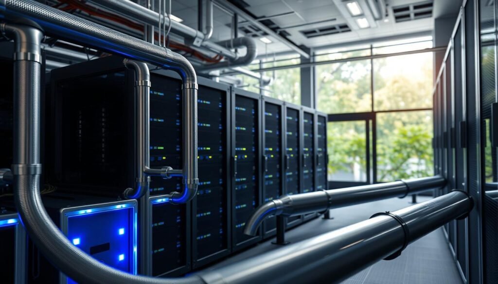 A modern data center interior, showcasing advanced energy-efficient cooling systems. In the foreground, sleek liquid cooling units and pipes gleam under soft LED lighting. The middle ground features rows of high-performance servers, their lights subtly blinking, indicating active processing. In the background, large glass windows allow natural light to filter in, creating a contrast between the high-tech environment and the outdoor greenery. The atmosphere is professional and clean, reflecting the cutting-edge technology employed for energy efficiency. The angle is slightly above eye level, providing a comprehensive view of the setup without clutter or distractions. The image embodies innovation and sustainability in data center cooling technology.