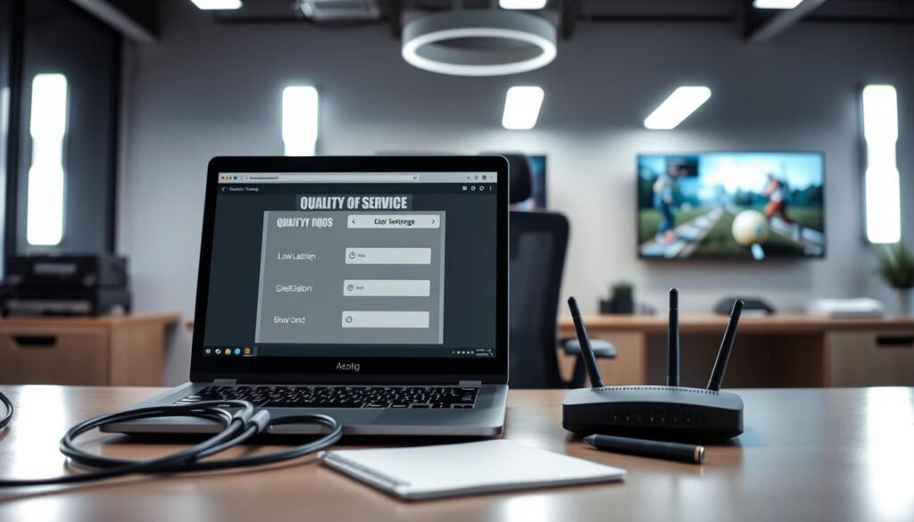 A modern office workspace focused on network configuration setup for Quality of Service (QoS) in an Xbox cloud gaming context. In the foreground, a sleek, professional-looking laptop displays a network diagram with QoS settings, surrounded by network cables and a router. In the middle, an ergonomic office chair is positioned beside the desk, with a notebook and a pen, suggesting preparation. The background features a soft-focus image of a wall-mounted screen showing low latency gaming visuals. The scene is well-lit with bright, white LED lights, creating a clean, professional atmosphere. The overall mood is focused and tech-savvy, ideal for conveying the importance of effective network preparation. A modern office workspace focused on network configuration setup for Quality of Service (QoS) in an Xbox cloud gaming context. In the foreground, a sleek, professional-looking laptop displays a network diagram with QoS settings, surrounded by network cables and a router. In the middle, an ergonomic office chair is positioned beside the desk, with a notebook and a pen, suggesting preparation. The background features a soft-focus image of a wall-mounted screen showing low latency gaming visuals. The scene is well-lit with bright, white LED lights, creating a clean, professional atmosphere. The overall mood is focused and tech-savvy, ideal for conveying the importance of effective network preparation.