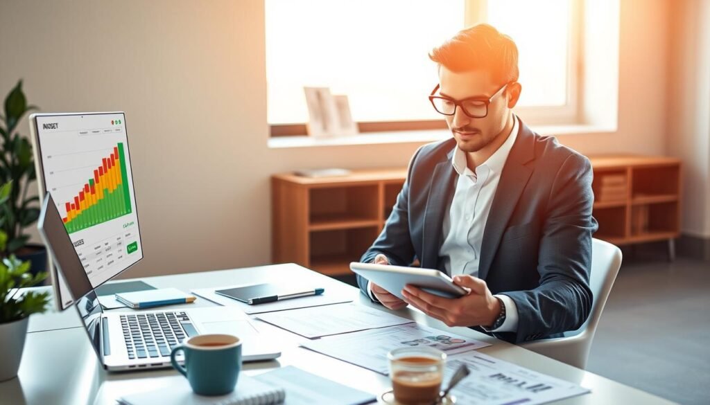 A modern workspace featuring a sleek digital budgeting application interface on one side, showcasing colorful graphs and budget categories, seamlessly integrated with an insurance app displaying policy options and coverage details. In the foreground, a business professional dressed in smart casual attire, engaged in thoughtful analysis of financial data on a tablet. The middle ground includes a well-organized desk with a laptop, financial documents, and a cup of coffee, enhancing the focus on productivity. In the background, soft natural light filters through a large window, casting a warm, inviting glow across the scene. The overall atmosphere is one of financial empowerment and clarity, embodying a harmonious blend of budgeting and insurance for effective financial management.