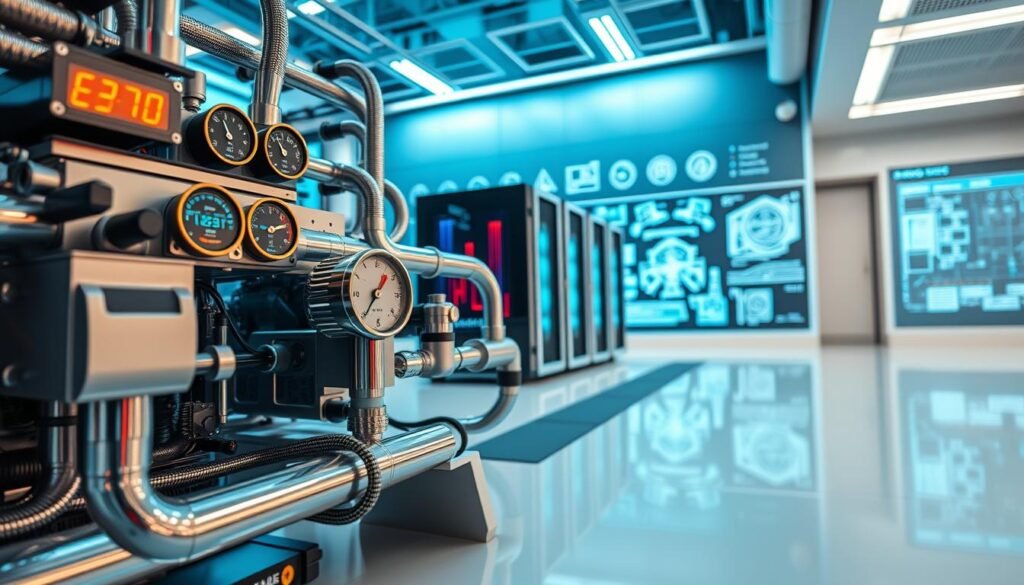 An advanced international standard cooling system for supercomputers, prominently displayed in a sleek, modern laboratory setting. In the foreground, showcase intricate cooling pipes, an array of digital gauges, and a high-tech coolant reservoir, with reflections highlighting their polished surfaces. The middle ground features a powerful supercomputer with visible internal components, surrounded by innovative cooling technology. In the background, an illuminated wall with technical diagrams and international standard symbols accentuates the technological theme. Use bright, realistic lighting to enhance detail, capturing the ambiance of a high-tech environment. The angle should be slightly low, emphasizing the grandeur of the equipment. The overall mood is one of cutting-edge innovation and technological progress.