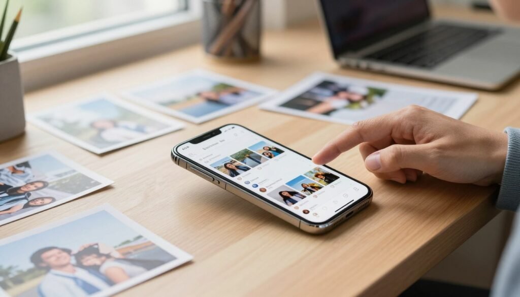 A close-up shot of a smartphone on a clean, wooden desk surrounded by organized photo prints and digital accessories. In the foreground, the smartphone displays a well-organized photo gallery, emphasizing accessibility and lightness. The background features a neatly arranged workspace, with soft natural light streaming through a nearby window, creating a warm and inviting atmosphere. A person in smart casual attire is seen lightly interacting with the phone, showcasing habits of maintaining an uncluttered digital space. The lens focuses sharply on the phone while gently blurring the background, enhancing the depth and clarity of the scene. The overall mood is productive and serene, promoting the idea of an efficient and streamlined digital lifestyle.