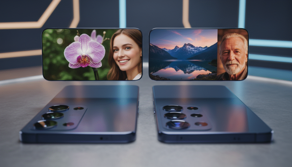 A detailed comparison image highlighting the camera features of the Galaxy S25 and S25 Plus. In the foreground, showcase the two smartphones side by side, capturing their sleek designs and camera modules. The camera lenses should be prominently displayed, illustrating differences in size and arrangement. In the middle ground, include close-up shots of sample photos taken with each phone, showcasing vibrant colors and sharpness, such as a nature scene and a portrait. The background should be softly blurred to emphasize the phones, with gentle lighting that creates a modern, tech-savvy atmosphere. Use a soft-focus lens effect for a professional look, ensuring everything appears crisp and clear, evoking a sense of innovation and quality in photography.