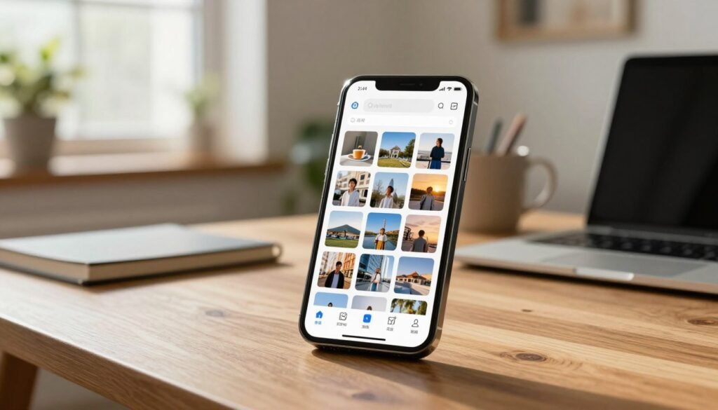 A modern smartphone is prominently displayed in the foreground, featuring a stunning, vibrant interface that showcases a well-organized gallery of photos. The screen displays folders and thumbnails of categorized images, highlighting an efficient photo organization system. In the middle ground, a stylish wooden desk complements the smartphone, adorned with professional stationery and a sleek laptop. Soft natural light pours in from a nearby window, creating a warm and inviting atmosphere. The background is subtly blurred, featuring a cozy living room setting with potted plants and tastefully arranged decor, enhancing the overall mood of a comfortable workspace. The image captures the essence of practicality and efficiency in photo management on smartphones, conveying a sense of clarity and order.