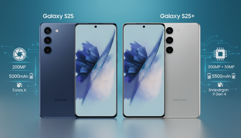 A sleek and modern comparison image featuring the Galaxy S25 and S25+ smartphones prominently in the foreground, side by side. Each phone should be depicted clearly, showcasing their unique designs and colors. In the middle ground, include infographics or icons highlighting key specifications such as camera features, battery life, and processing power, designed with a clean and futuristic aesthetic. The background should be a soft gradient of blue and silver, creating a tech-savvy atmosphere that enhances the feel of innovation. Use bright, even lighting to emphasize the phones' glossy finishes, and employ a subtle depth of field effect to draw focus to the devices while keeping the infographics crisp.